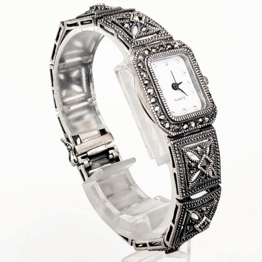 Unique-RARE-Stunning Vintage Art Deco Sterling Silver & Marcasite Watch